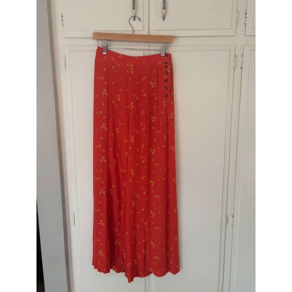 Free People Orange Floral Wide Leg Pants Side Button Boho Size 6